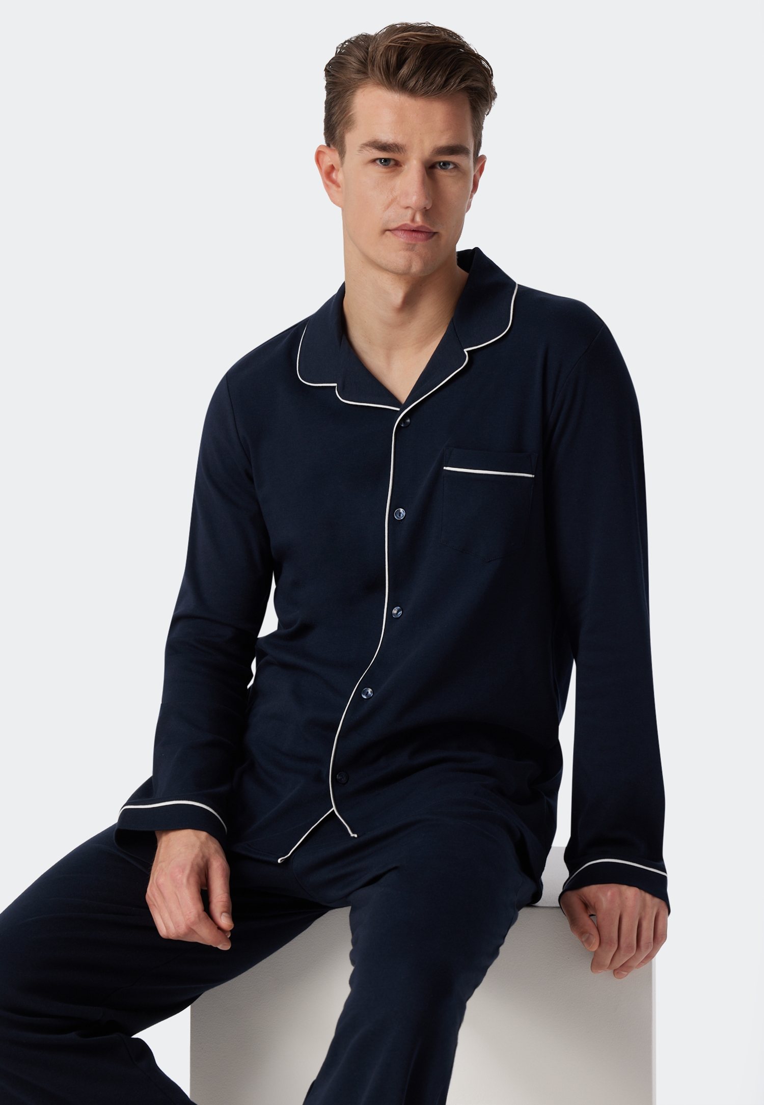 Schiesser Chemise De Nuit à Manches Longues Pour Homme - Col En V - Mélange Haut De Pyjama Relaxant - Bleu Nuit_182182, 48, Bleu Nuit 182182, 50
