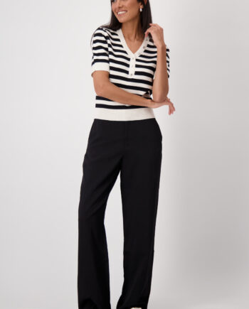 MONARI Damen Strickpullover Kurzarm mit V-Ausschnitt in Schwarz Weiß gestreift