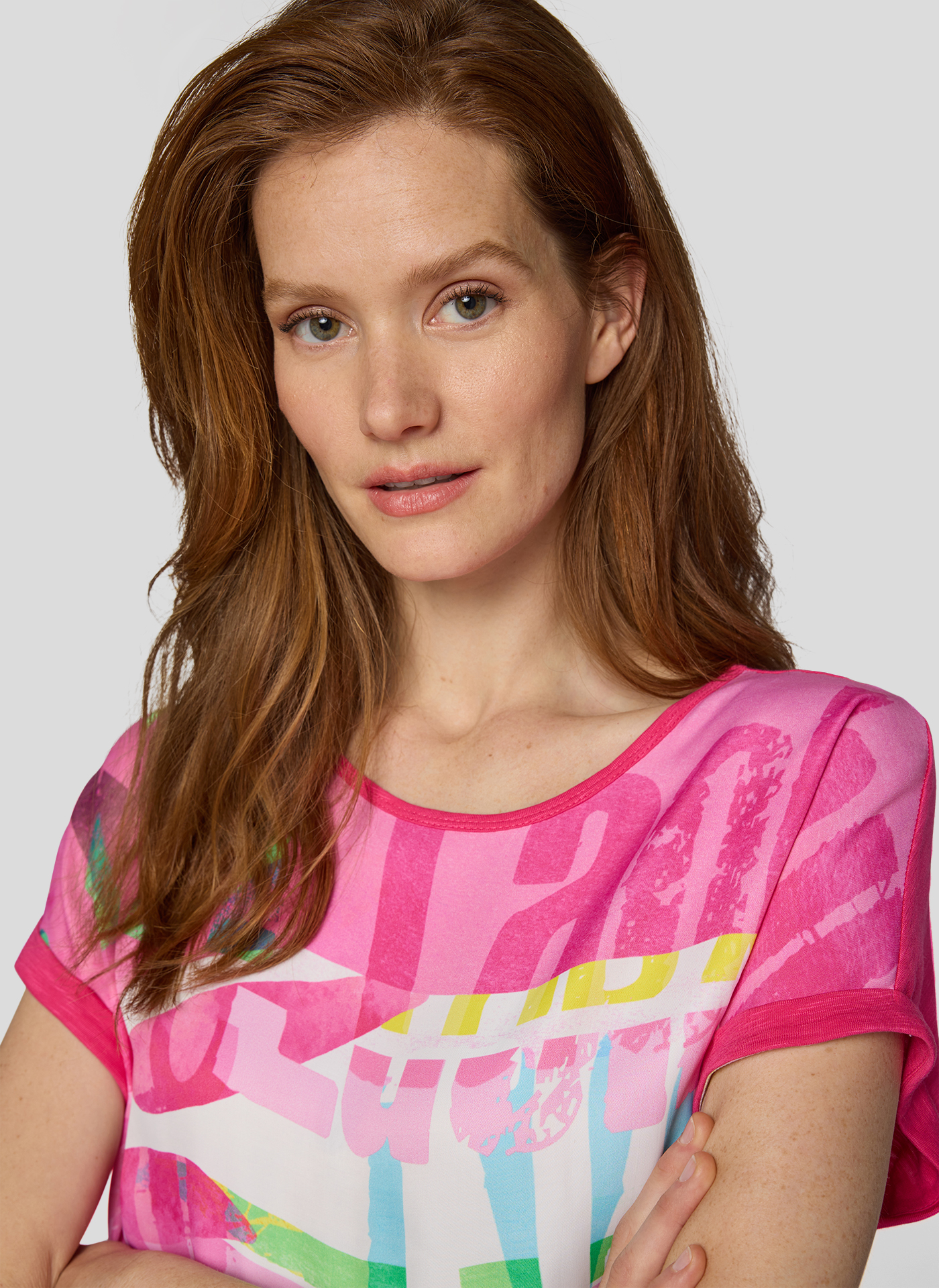 RABE Damen Blusenshirt im Materialmix mit Frontprint pink