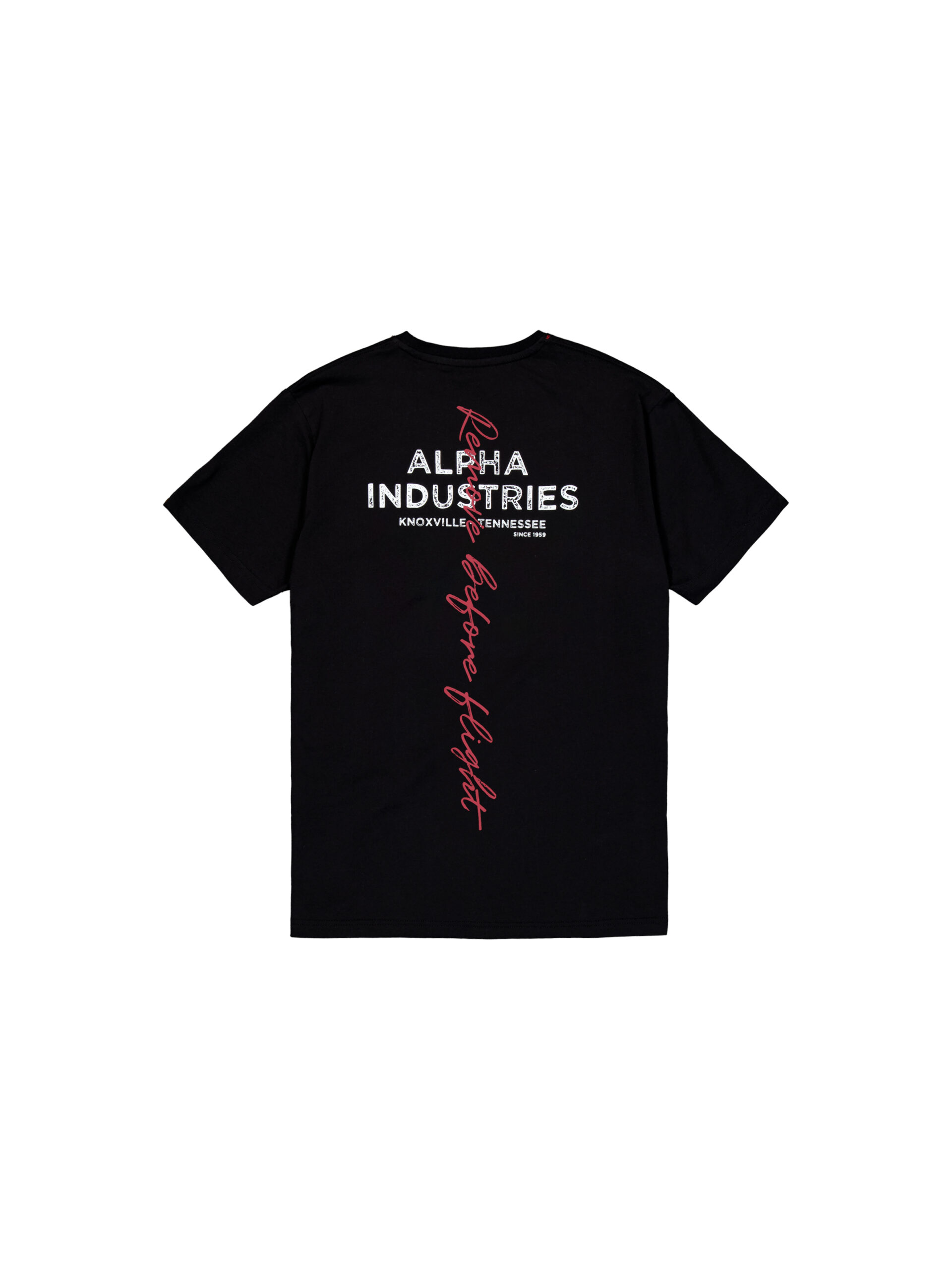 ALPHA INDUSTRIES Herren T-Shirt Signature BP – black, Baumwolle, Regular Fit, Logo vorn, großer Backprint hinten
