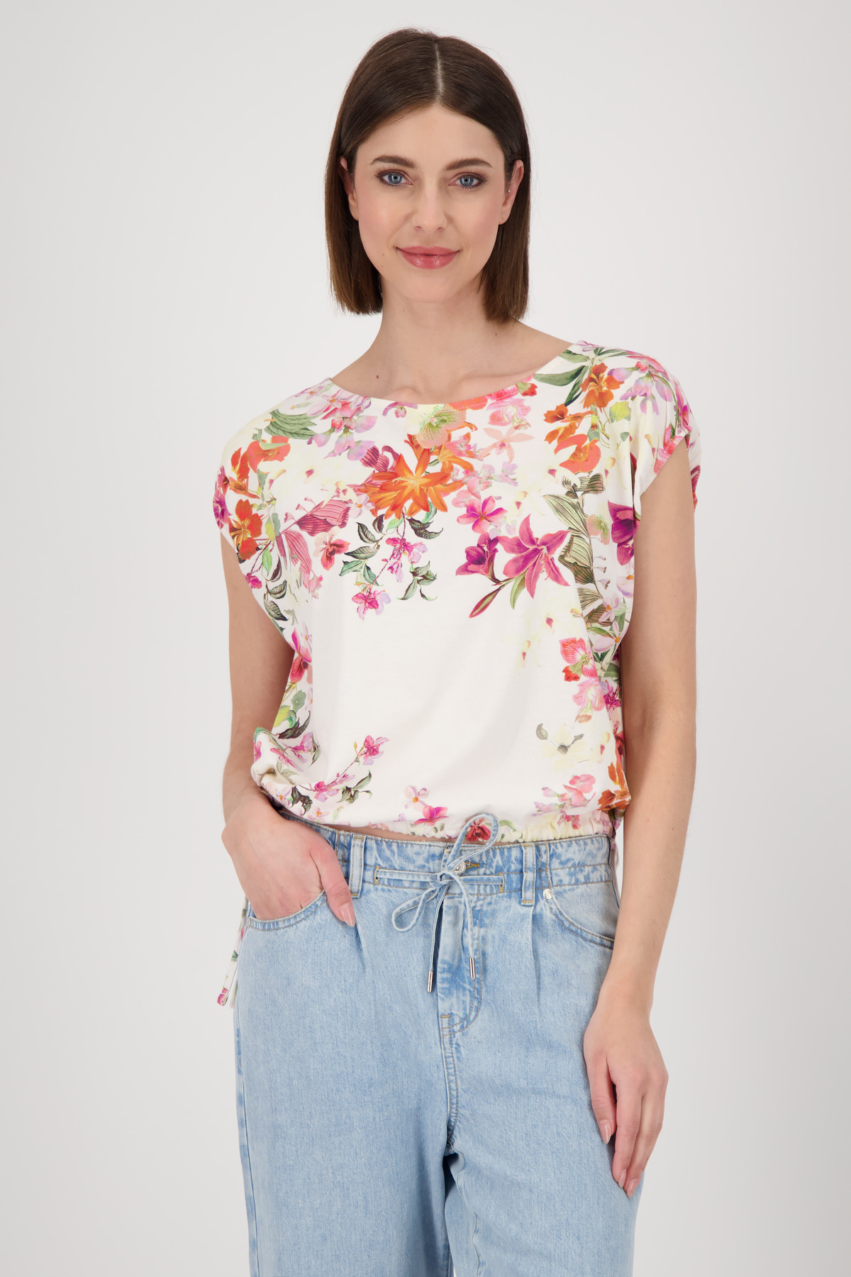 MONARI Damen T-Shirt cream gemustert mit Blumen-Print & Bindeband