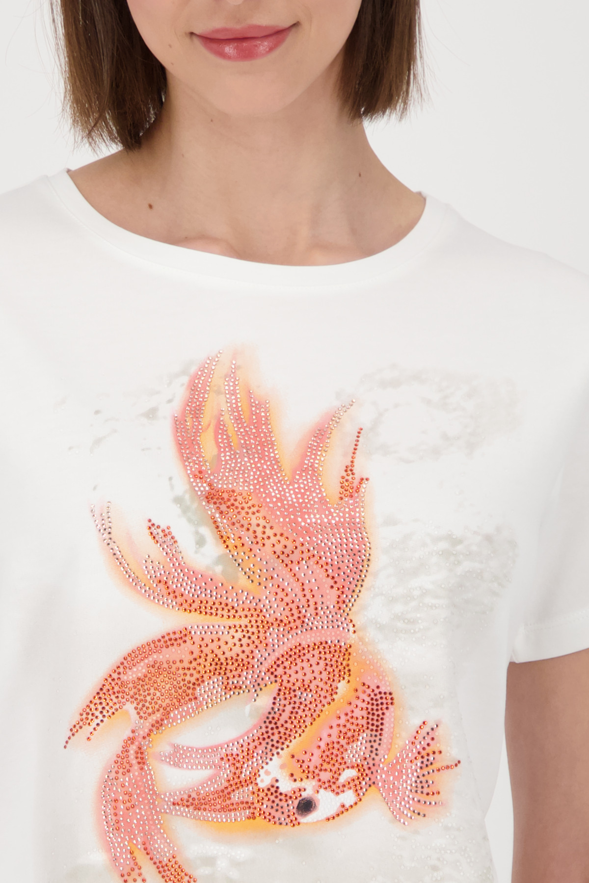 MONARI Damen T-Shirt cream gemustert mit Goldfisch-Print & Strass