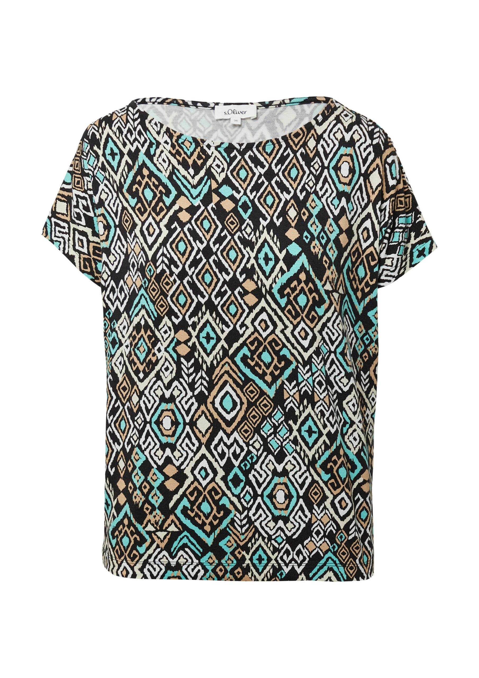 S. OLIVER Damen T-Shirt – Allover-Print, schwarz & dunkelgrau, Relaxed Fit, U-Boot-Ausschnitt, Stretch-Viskose