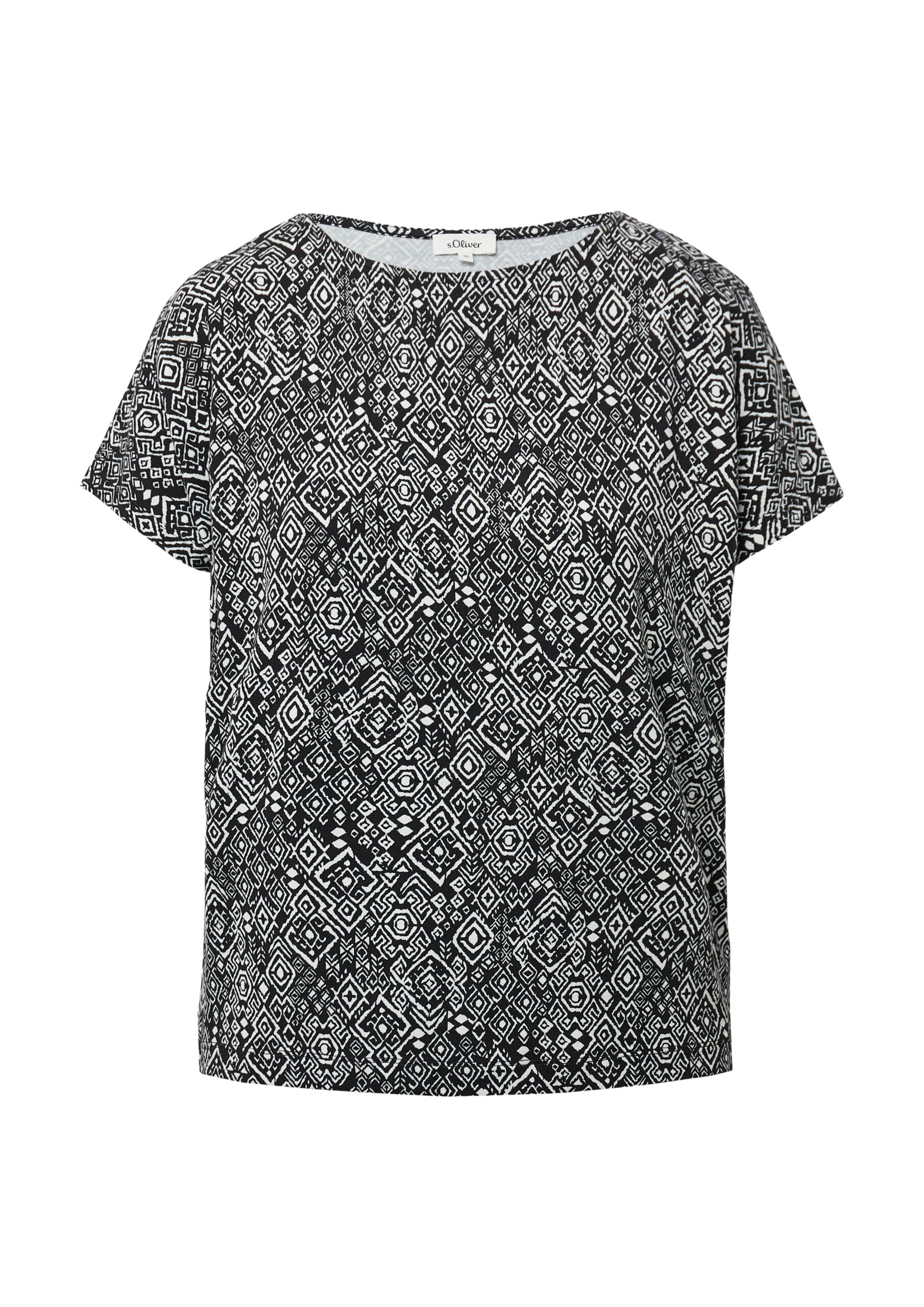 S. OLIVER Damen T-Shirt – Allover-Print, schwarz & dunkelgrau, Relaxed Fit, U-Boot-Ausschnitt, Stretch-Viskose
