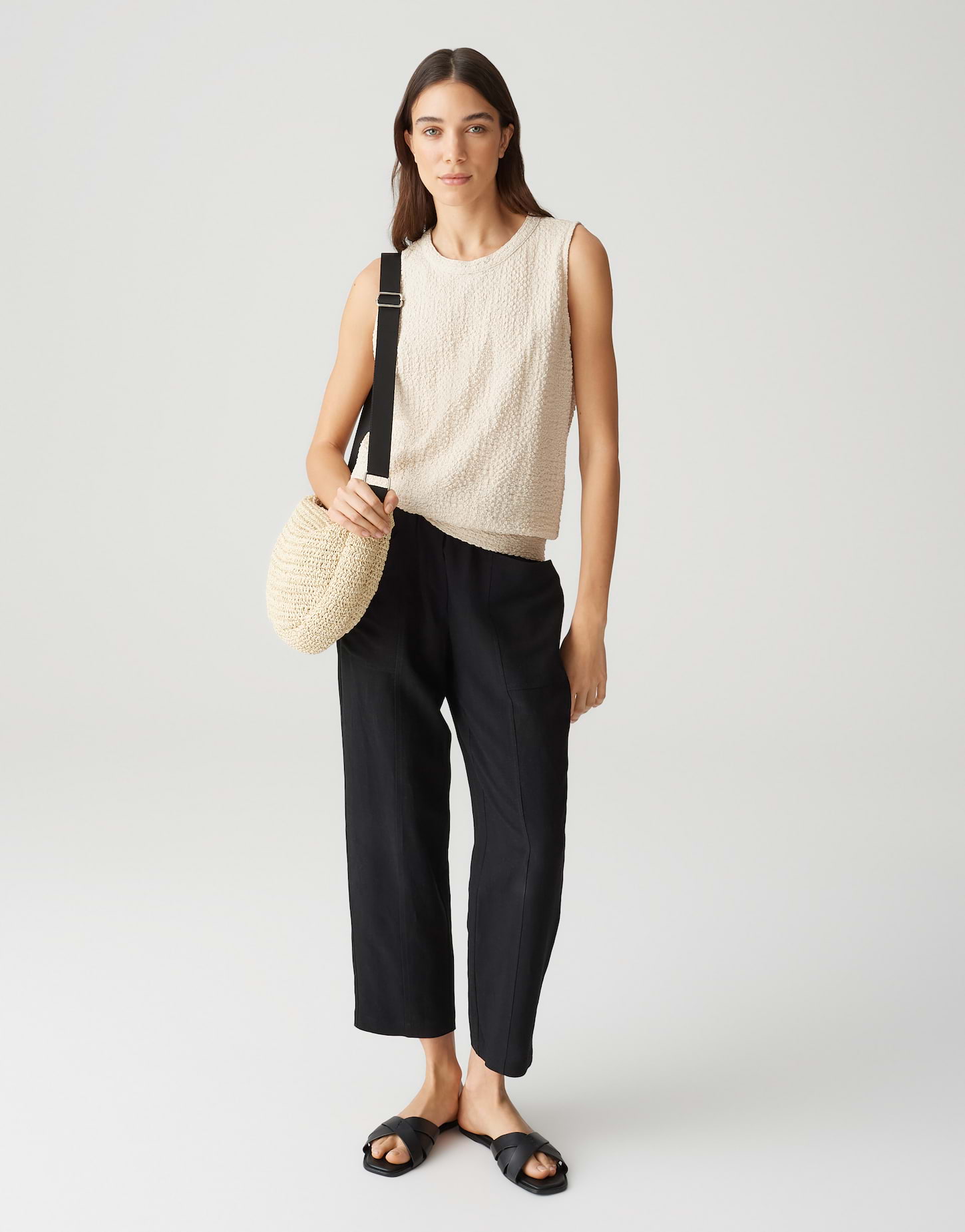 OPUS Damen Blusentop Ikini – Beige, ärmellos, elastisch, gesmokter Jersey, Rundhalsausschnitt, Rückenschlitz & Gummibund