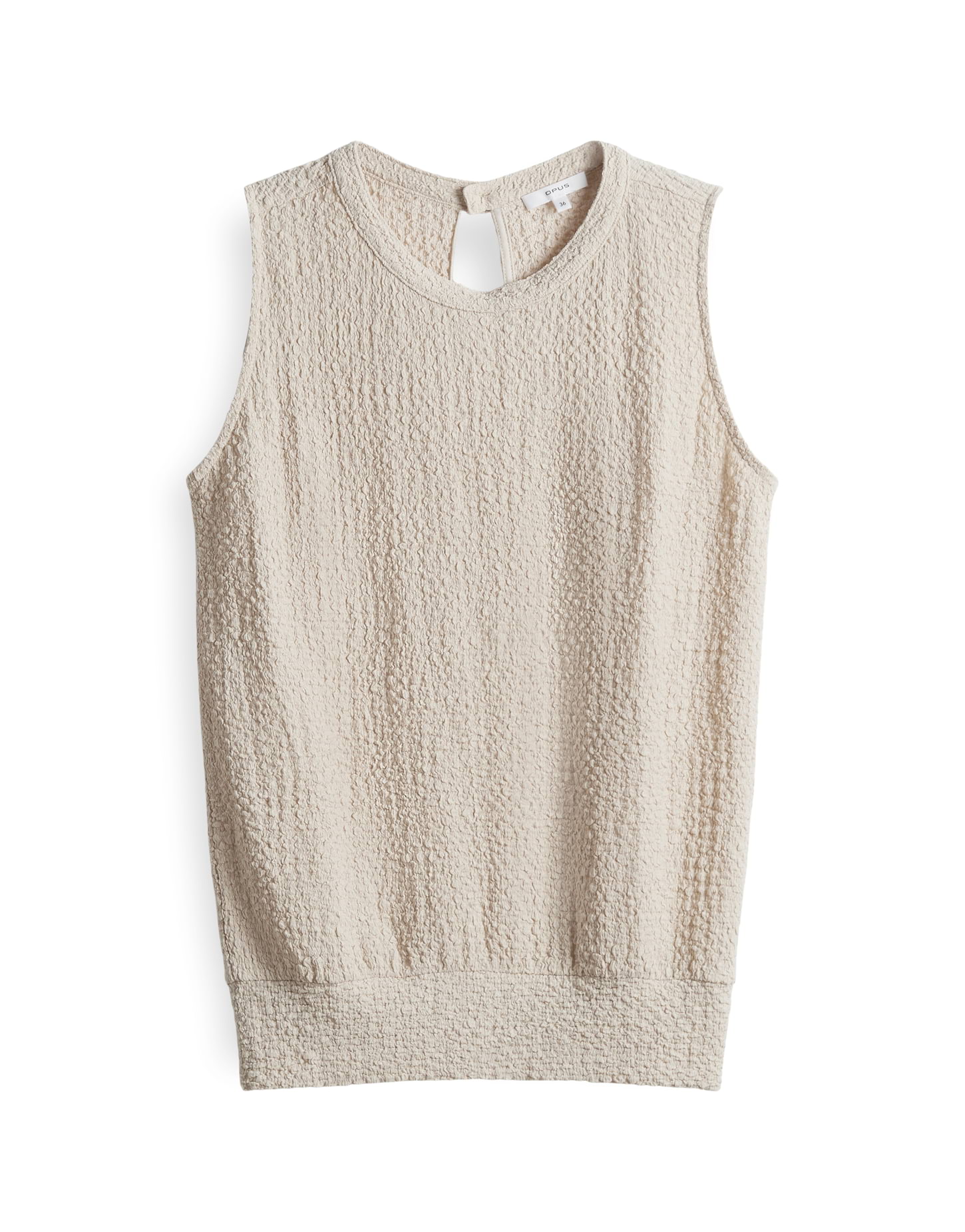 OPUS Damen Blusentop Ikini – Beige, ärmellos, elastisch, gesmokter Jersey, Rundhalsausschnitt, Rückenschlitz & Gummibund