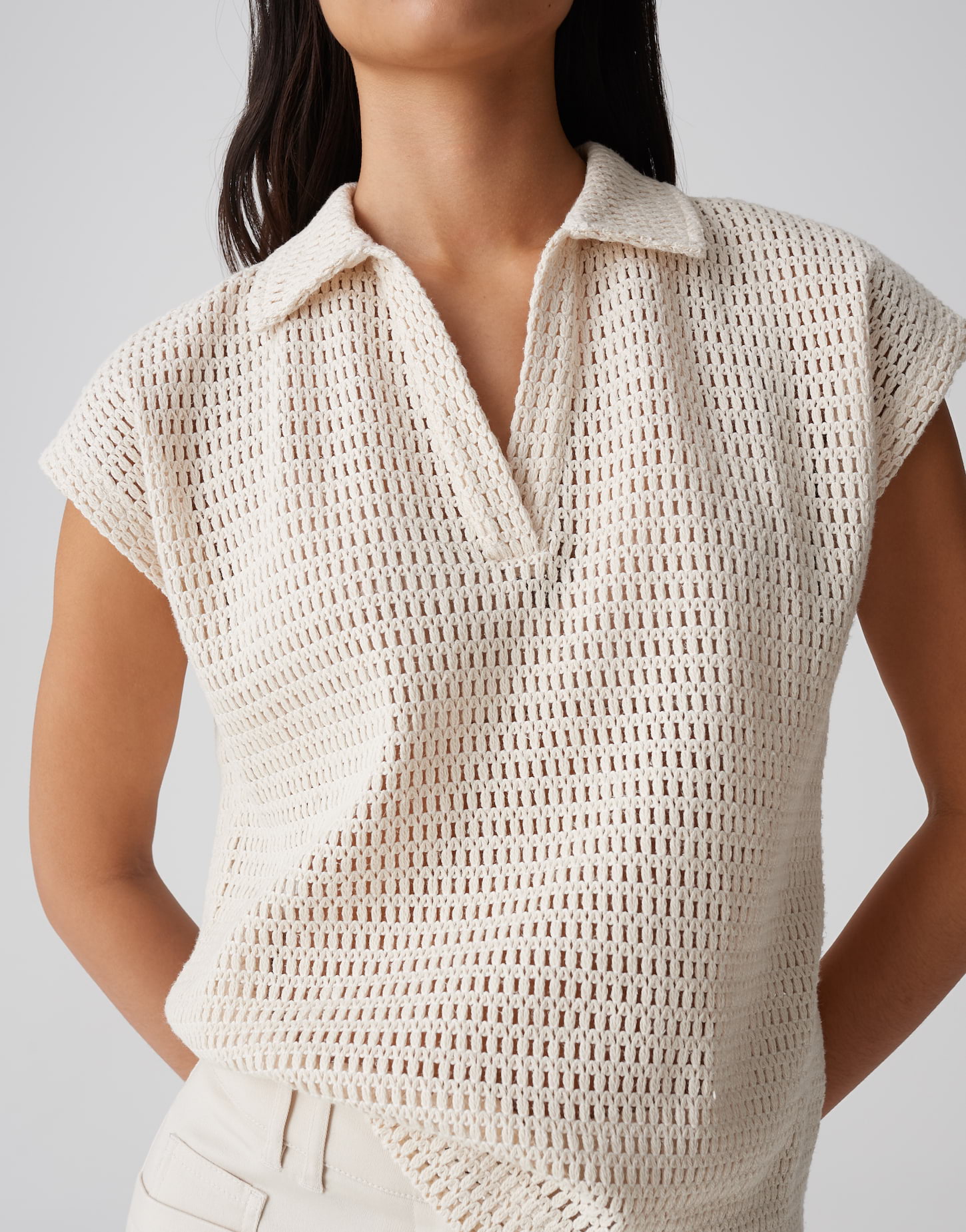OPUS Damen Shirt Somona beige mit Polokragen & Lochstrickmuster