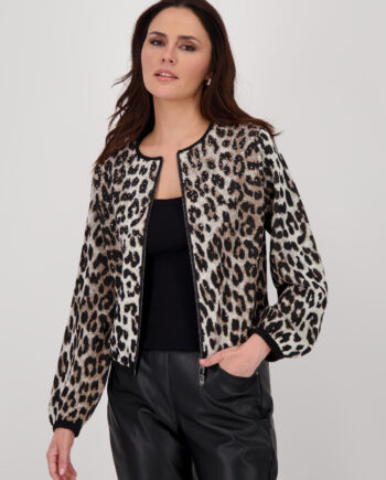 MONARI Damen Strickjacke mit Leo-Muster & Strass – schwarz