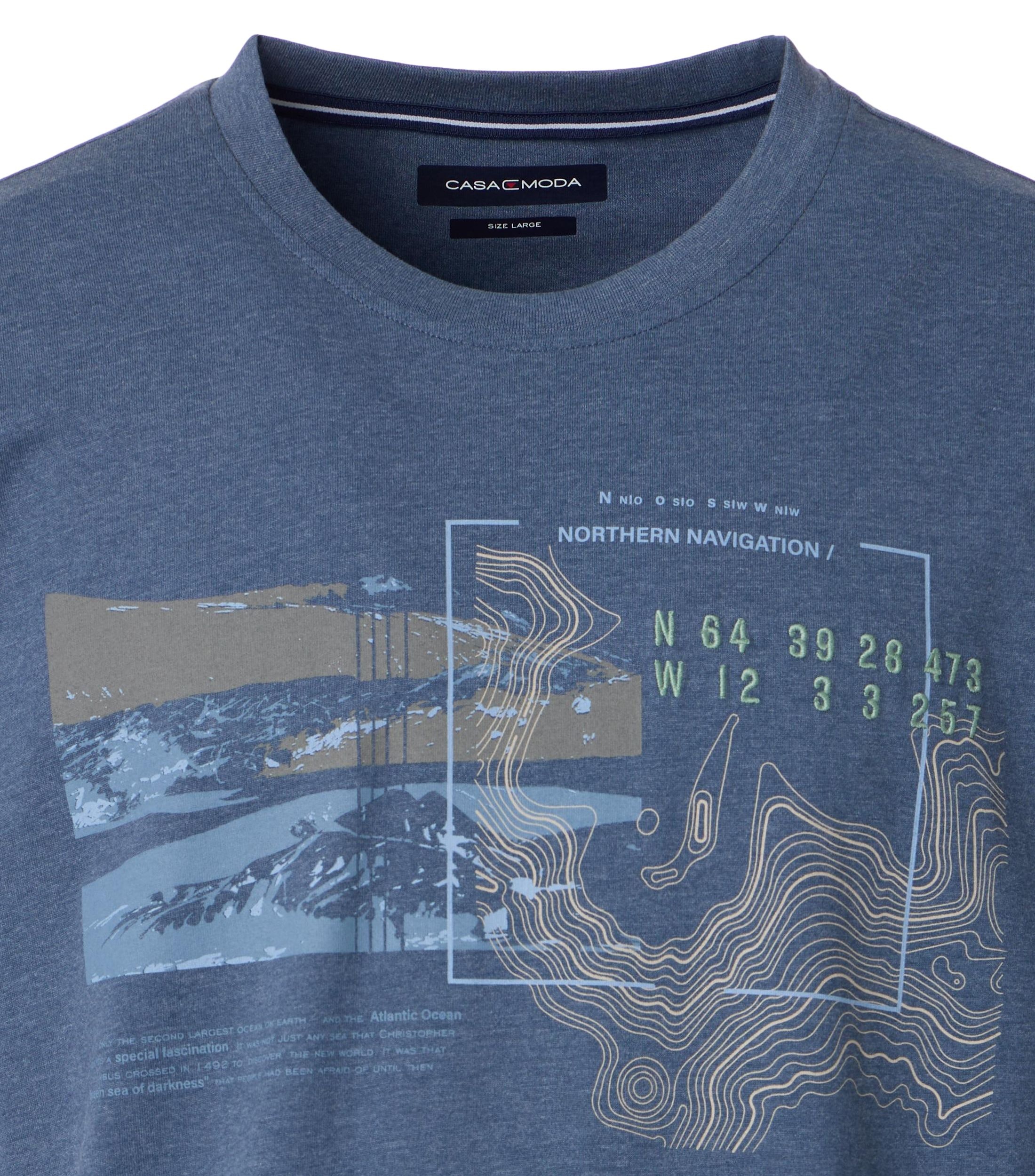 CASAMODA Herren T-Shirt blau mit Print und elastischem Baumwoll-Stretch