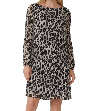 S.OLIVER Black Label Damen Plissée-Midi-Kleid mit Leo-Print in Schwarz-Beige