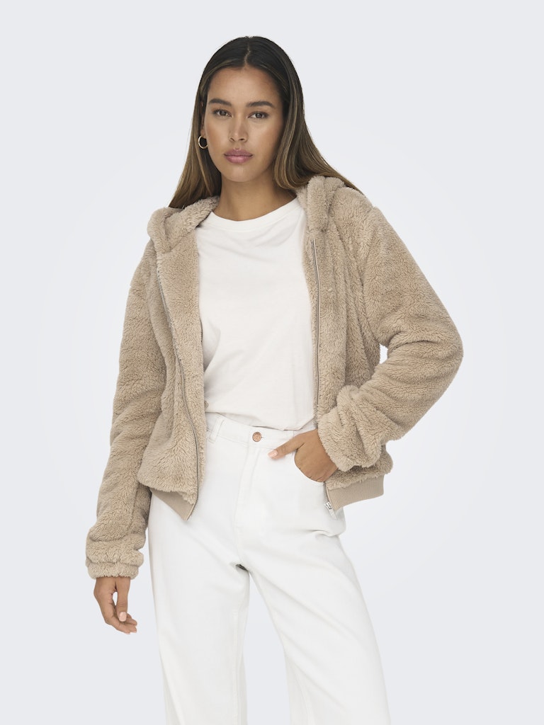 ONLY Teddyfell-Jacke Newanna Contact Sherpa mit Kapuze in Schwarz, grün oder Beige