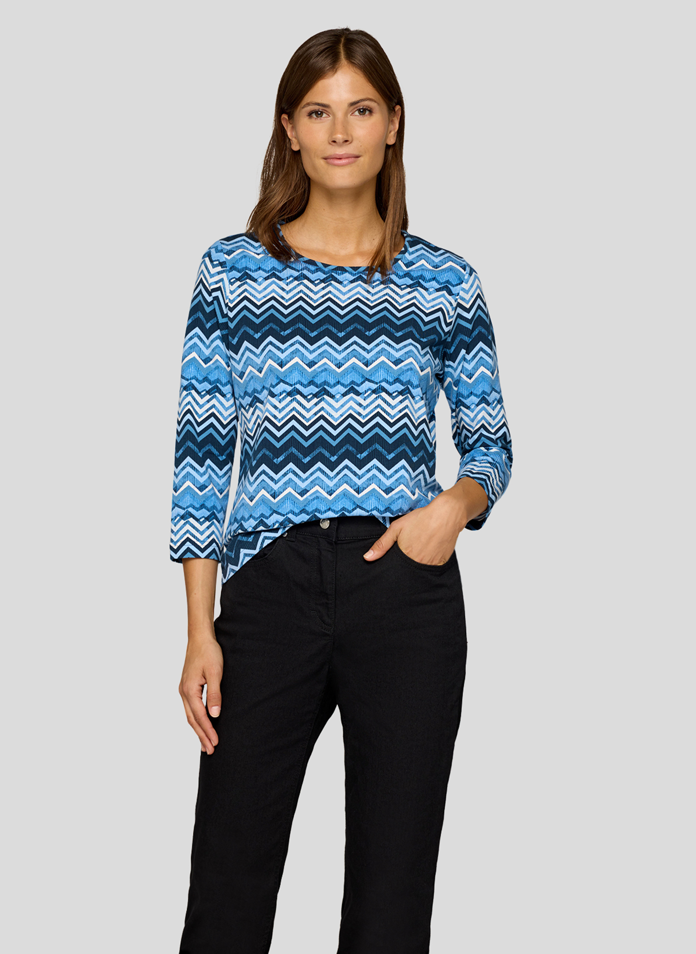 RABE Damen Shirt blau-türkis mit Zickzack-Alloverprint und langen Ärmeln