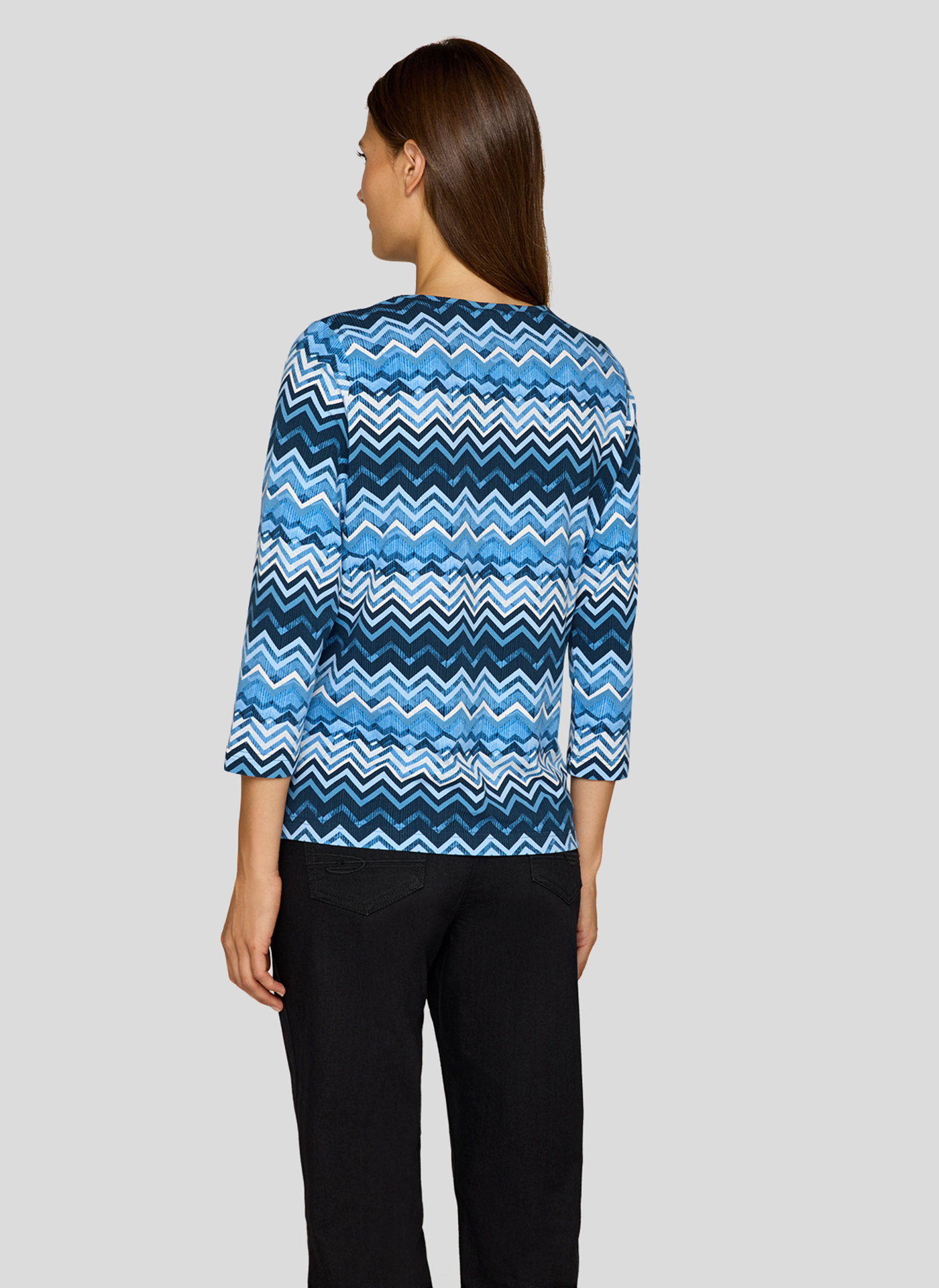 RABE Damen Shirt blau-türkis mit Zickzack-Alloverprint und langen Ärmeln