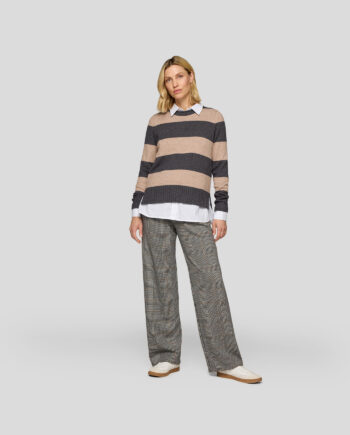 RABE Damen Rundhals-Pullover grau-beige gestreift mit Wollmischung