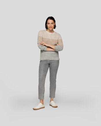 RABE Damen Rundhals-Pullover grau-beige gestreift aus Baumwollmix