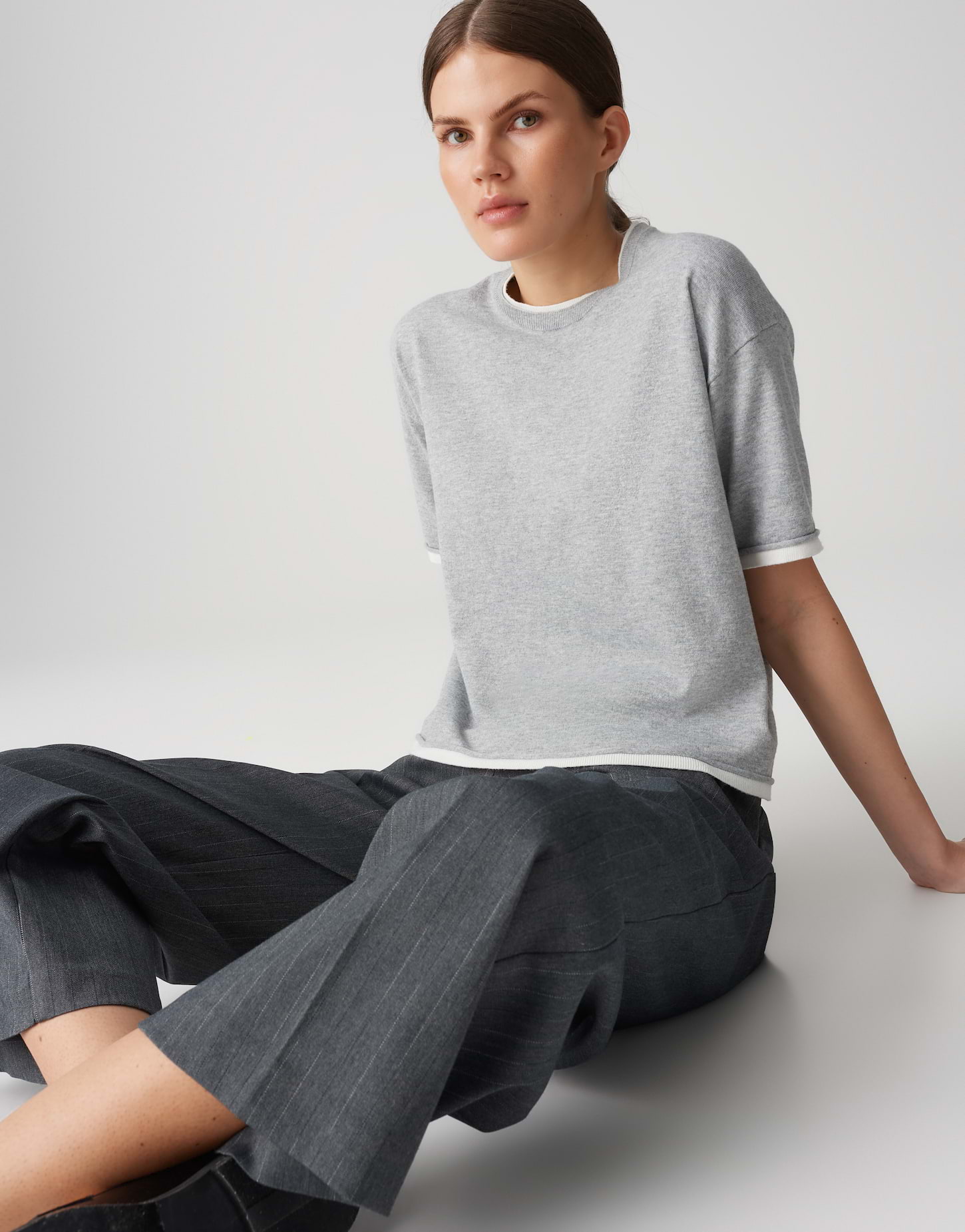 OPUS Damen Pullover Pinni aus Feinstrick mit kurzen Ärmeln in Grau