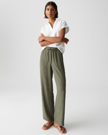 OPUS Damen Wide-Leg Hose Marou Crincle in Olive Leaf mit Bindekordel