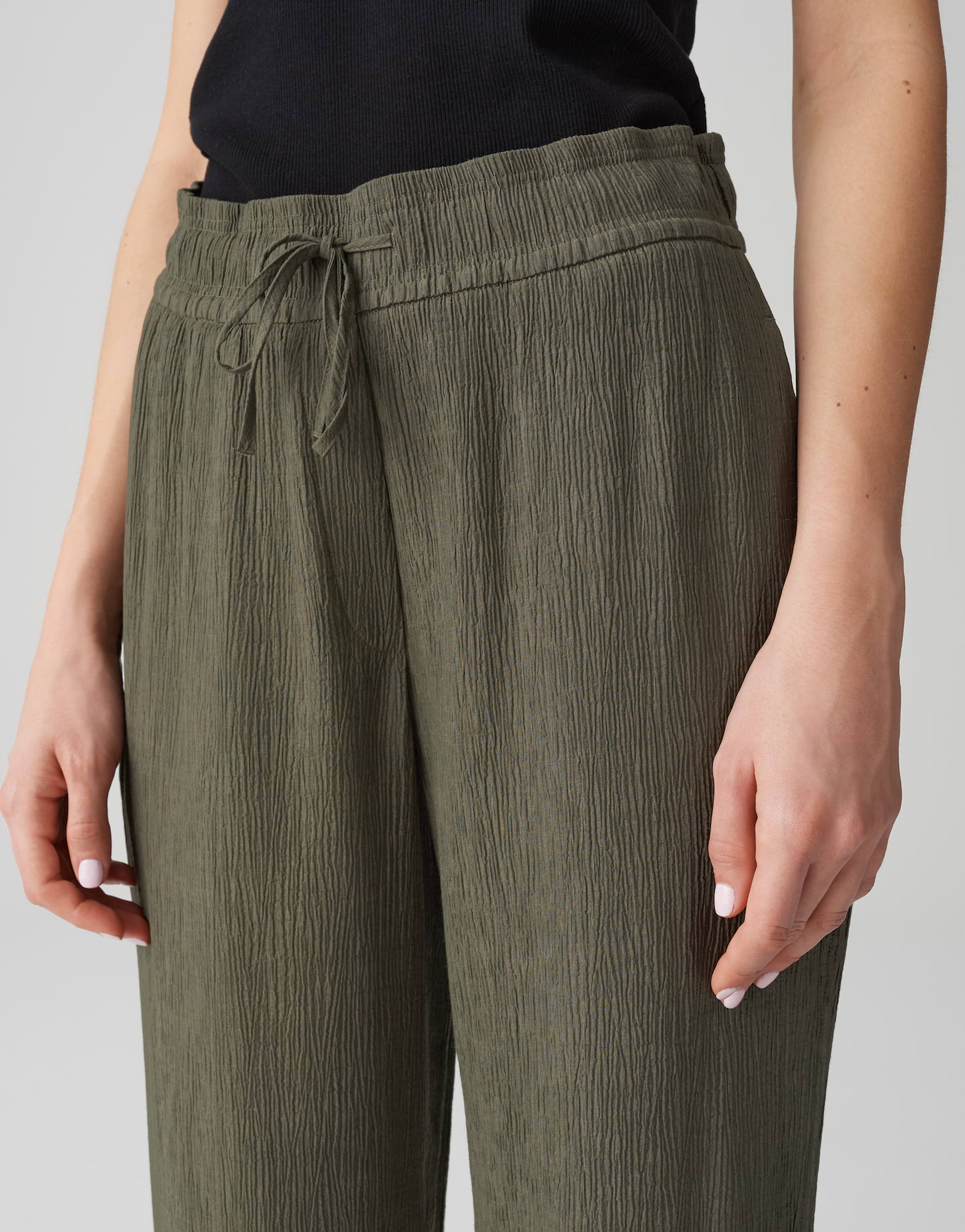 OPUS Damen Wide-Leg Hose Marou Crincle in Olive Leaf mit Bindekordel