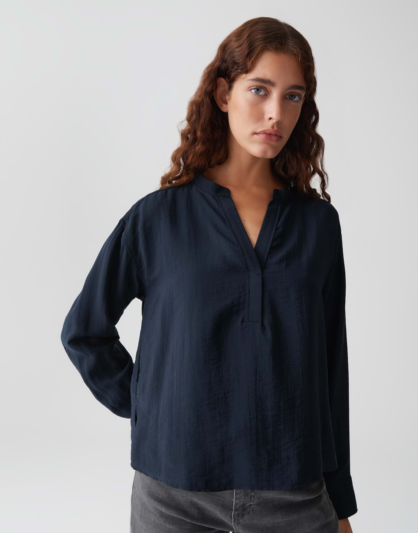 OPUS Damen Tunikabluse Femyn Loose dunkelblau mit V-Ausschnitt