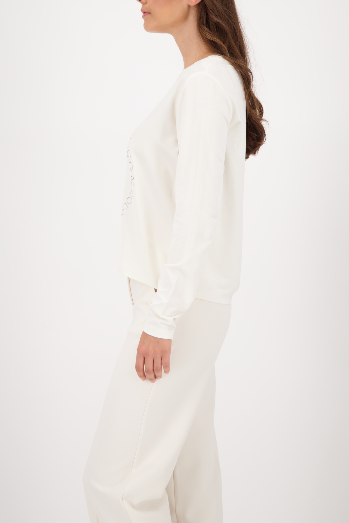 MONARI Damen Bluse Offwhite mit Satinoptik und Strass-Schriftzug