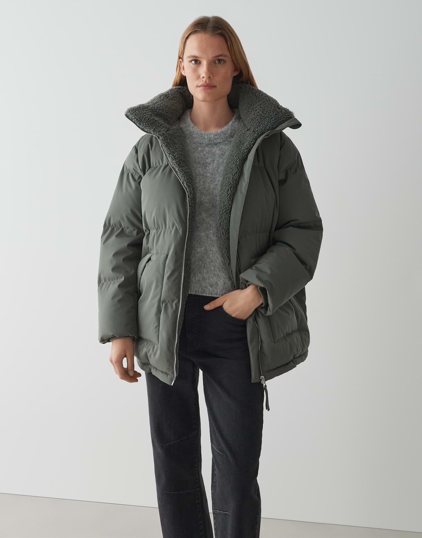 OPUS Damen Stepp-Parka HILEEN Dark Sage Grün mit Teddyfutter & Kapuze