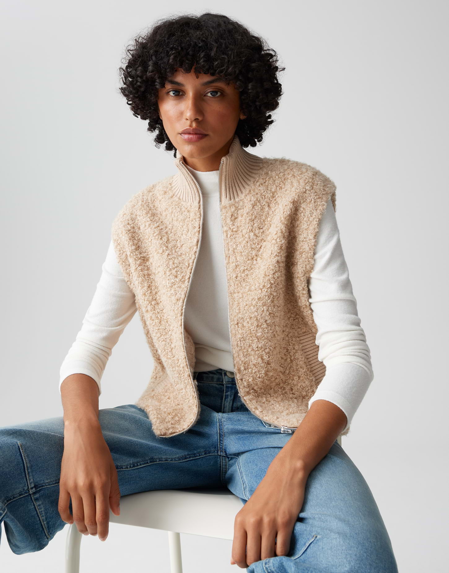 OPUS Damen Sweatweste GULUNI in Bouclé-Optik macadamia beige