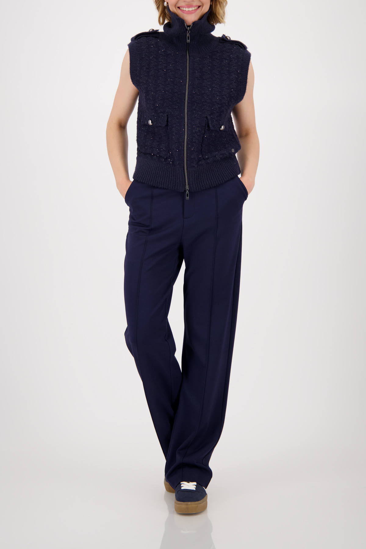 MONARI Damen Tweed-Strickweste dunkelblau mit Pailletten