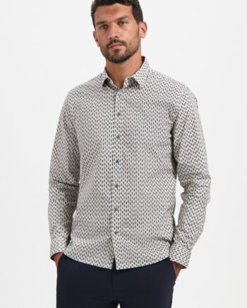 NO EXCESS Herren Stretch-Hemd Slim Fit Print Beige-Blau