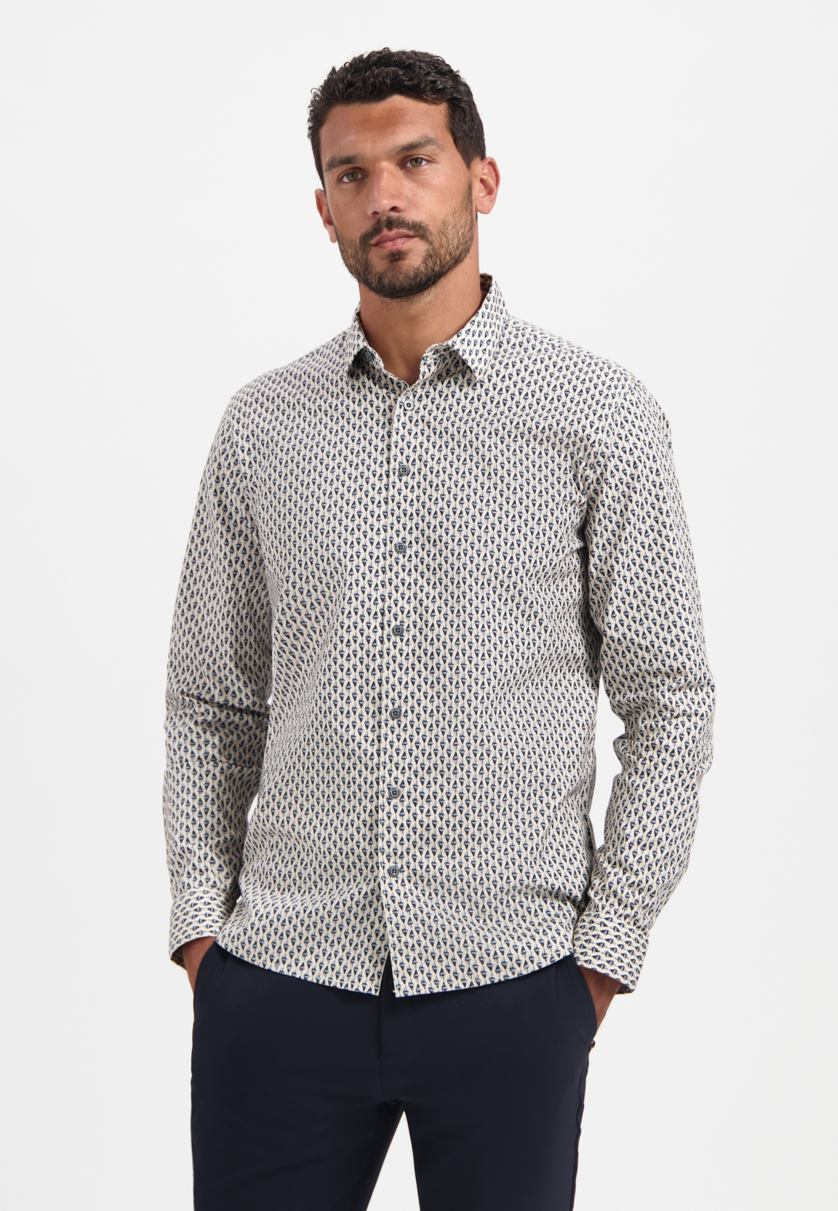 NO EXCESS Herren Stretch-Hemd Slim Fit Print Beige-Blau