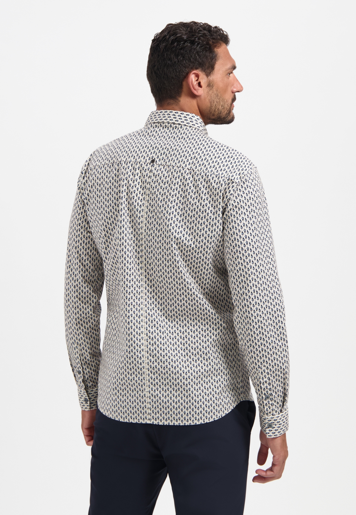 NO EXCESS Herren Stretch-Hemd Slim Fit Print Beige-Blau