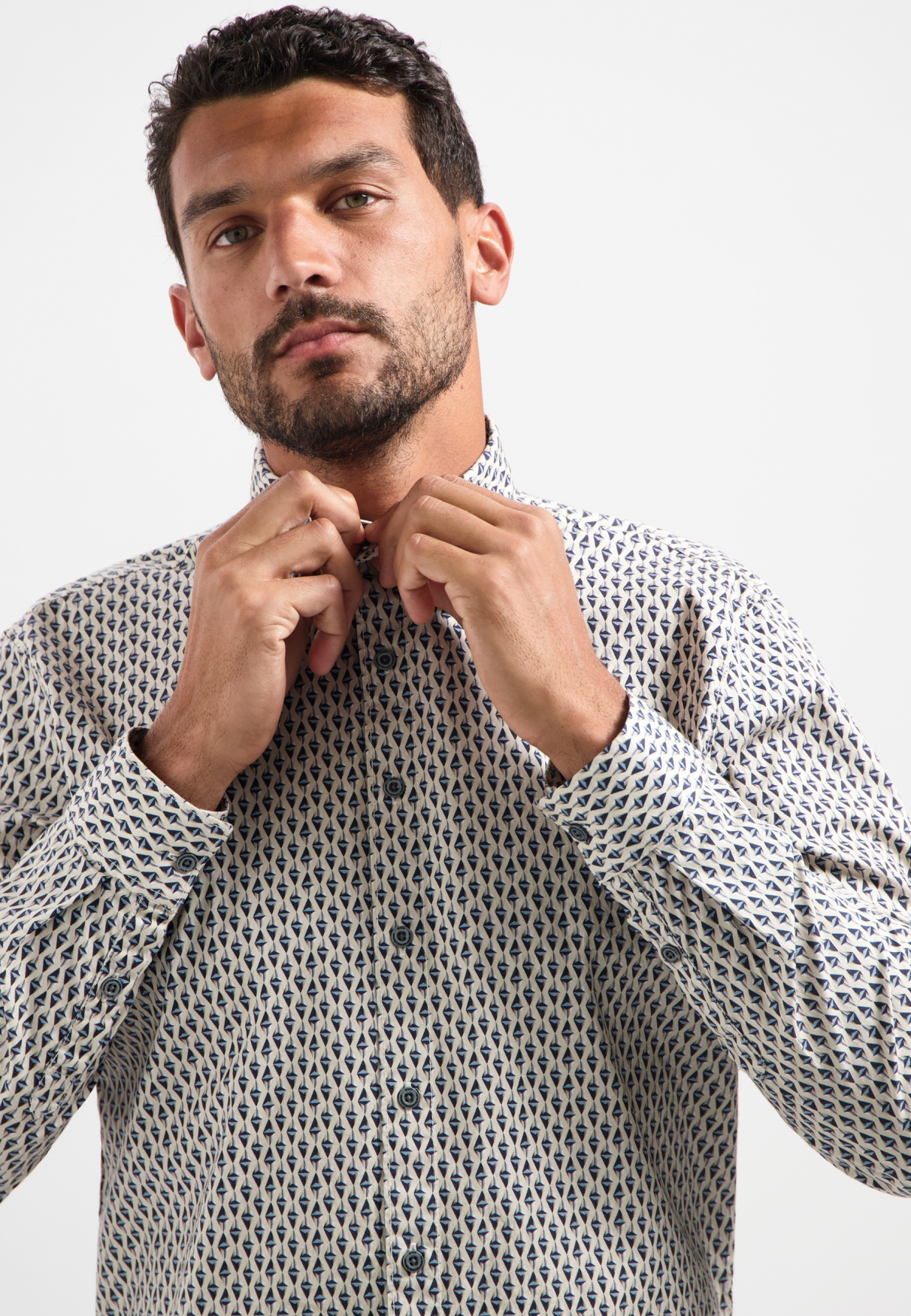 NO EXCESS Herren Stretch-Hemd Slim Fit Print Beige-Blau