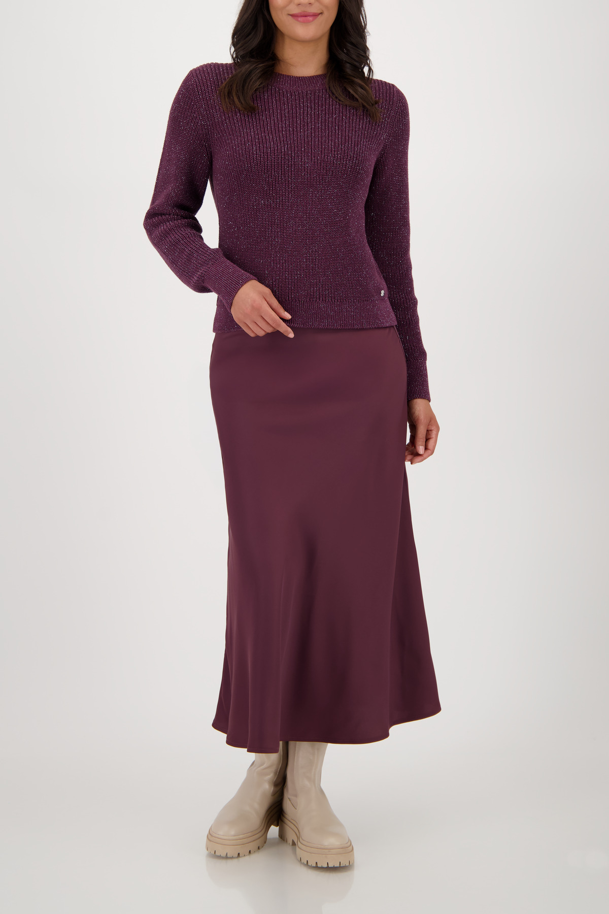 Monari Damen Pullover bordeaux-rot mit Lurex und Rundhalsausschnitt