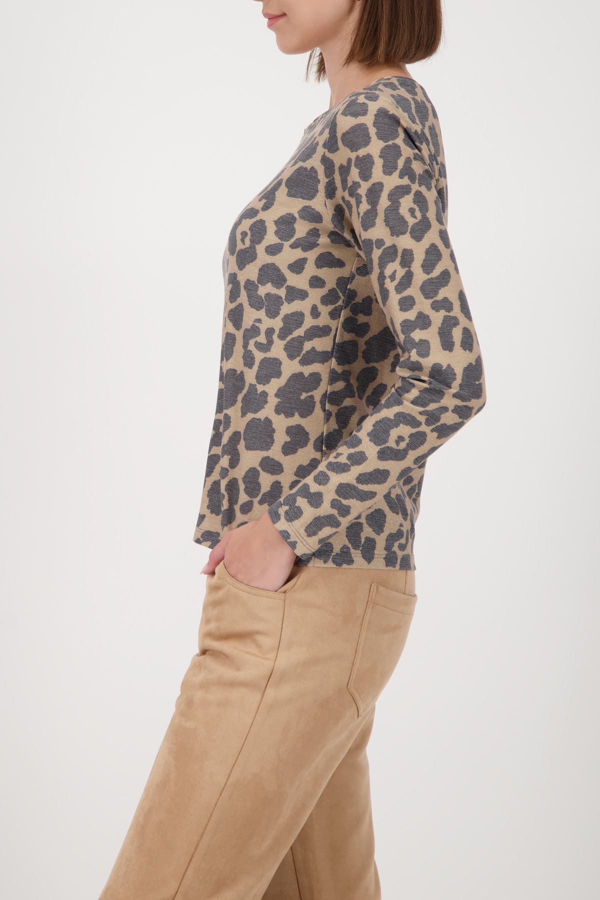 MONARI Damen Langarmshirt mit Lurex und Leomuster in cognacbraun