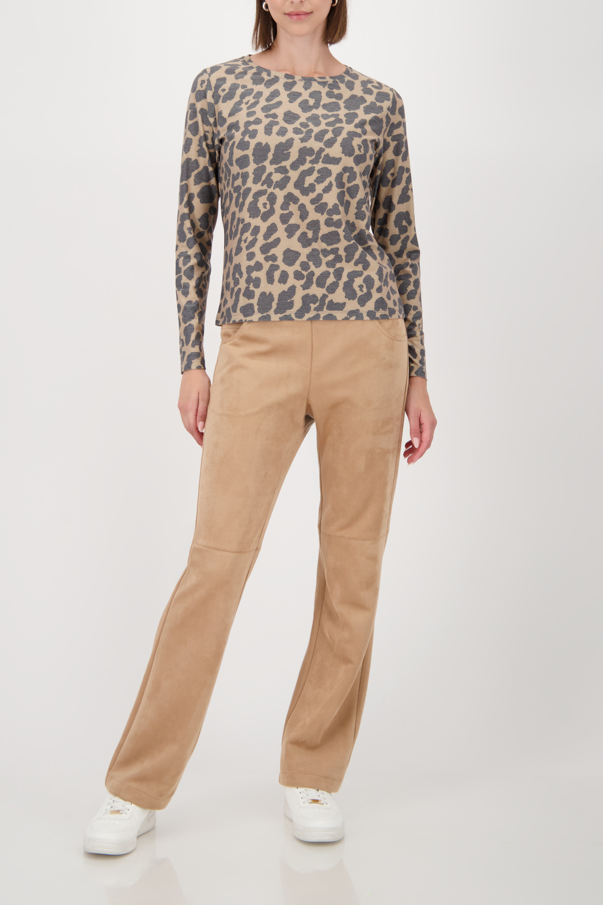 MONARI Damen Langarmshirt mit Lurex und Leomuster in cognacbraun