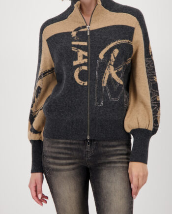 MONARI Damen Strickjacke grau-camel mit Strass, Schriftmuster & Stehkragen