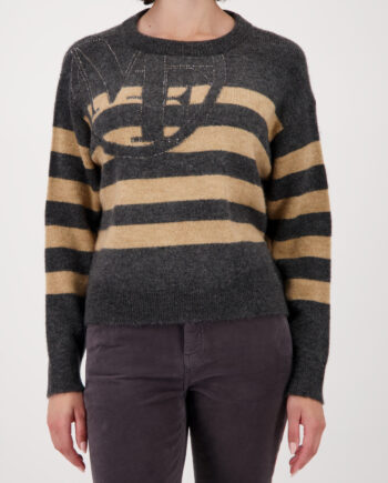 MONARI Damen Pullover grau-camel gemustert mit Strass und Intarsienmuster