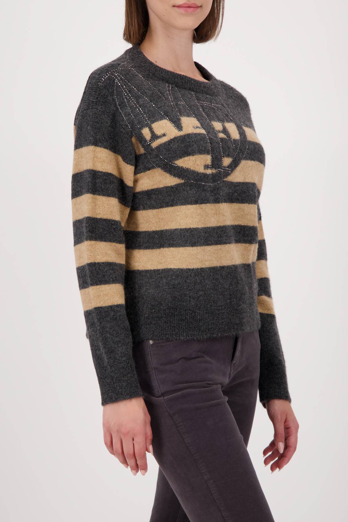 MONARI Damen Pullover grau-camel gemustert mit Strass und Intarsienmuster