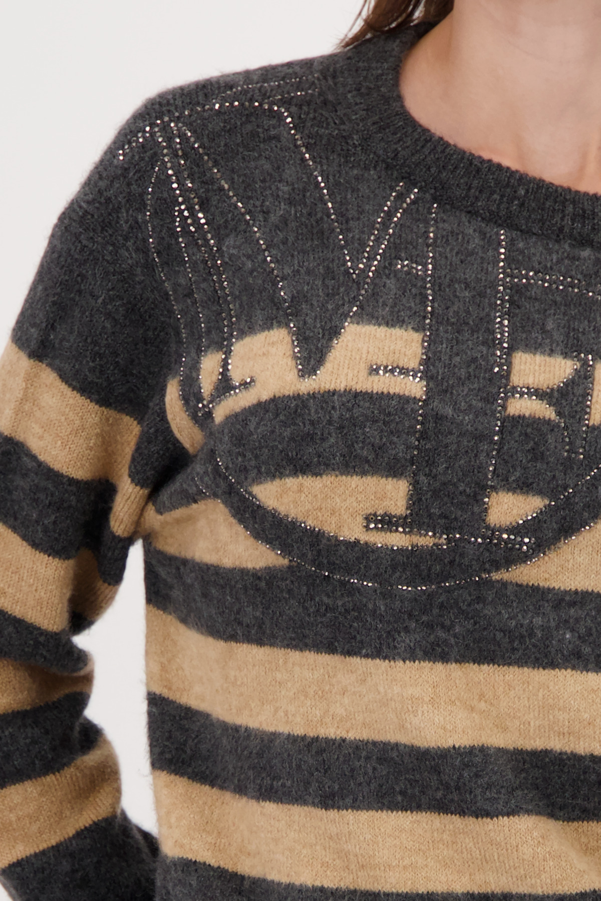 MONARI Damen Pullover grau-camel gemustert mit Strass und Intarsienmuster