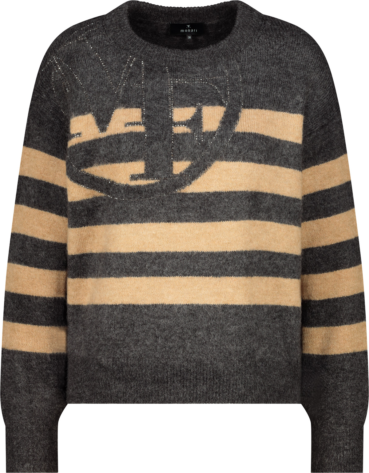 MONARI Damen Pullover grau-camel gemustert mit Strass und Intarsienmuster