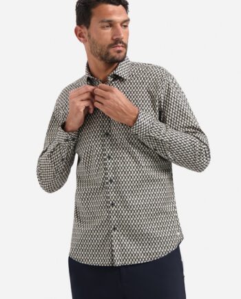 NO EXCESS Herren Stretchhemd Grau-Beige mit Rautenmuster Slim Fit