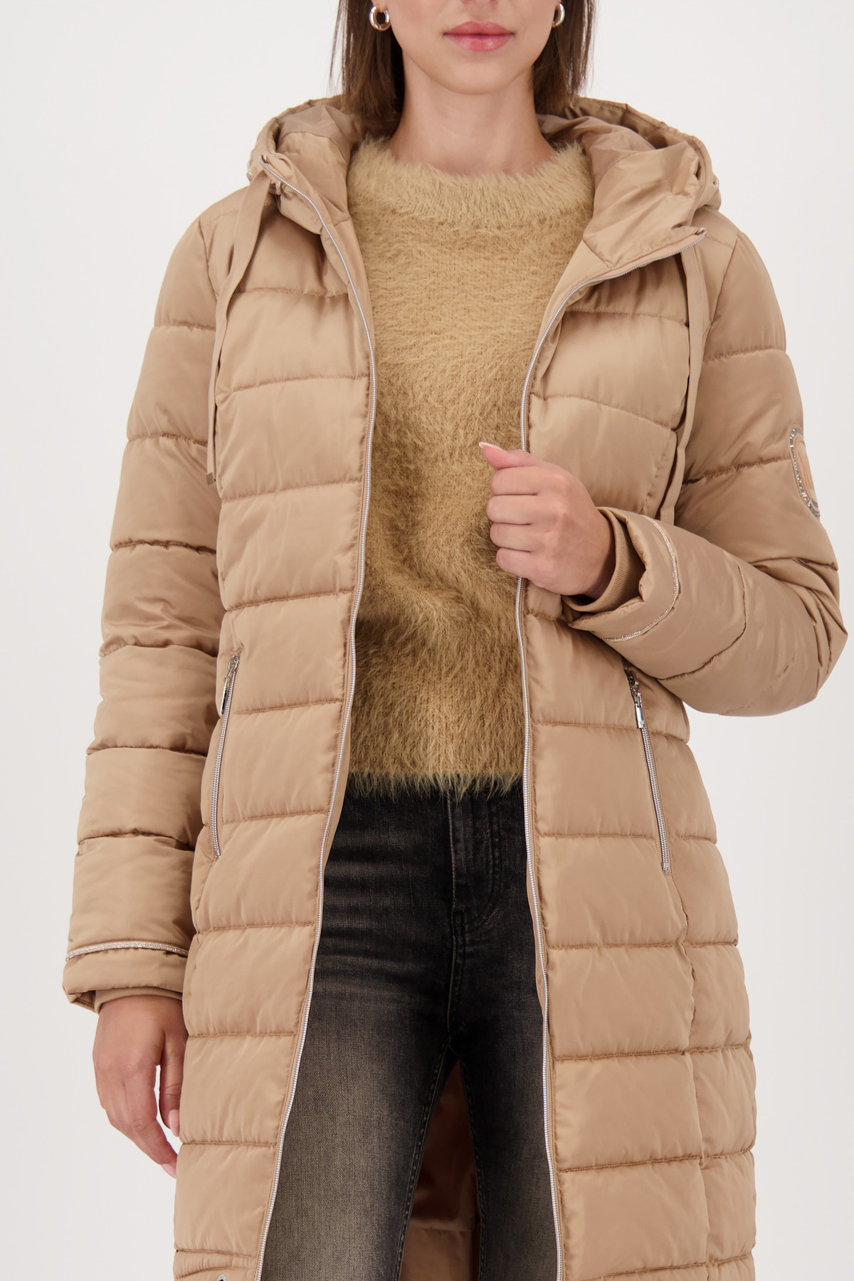 MONARI Damen Steppmantel mit Kapuze und Ärmel-Patch in Cognac-Braun