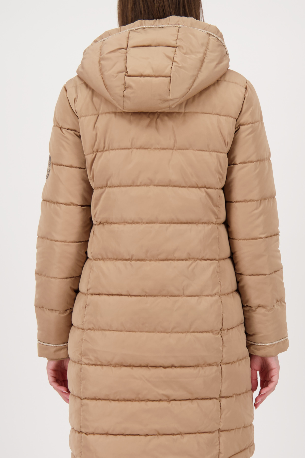 MONARI Damen Steppmantel mit Kapuze und Ärmel-Patch in Cognac-Braun