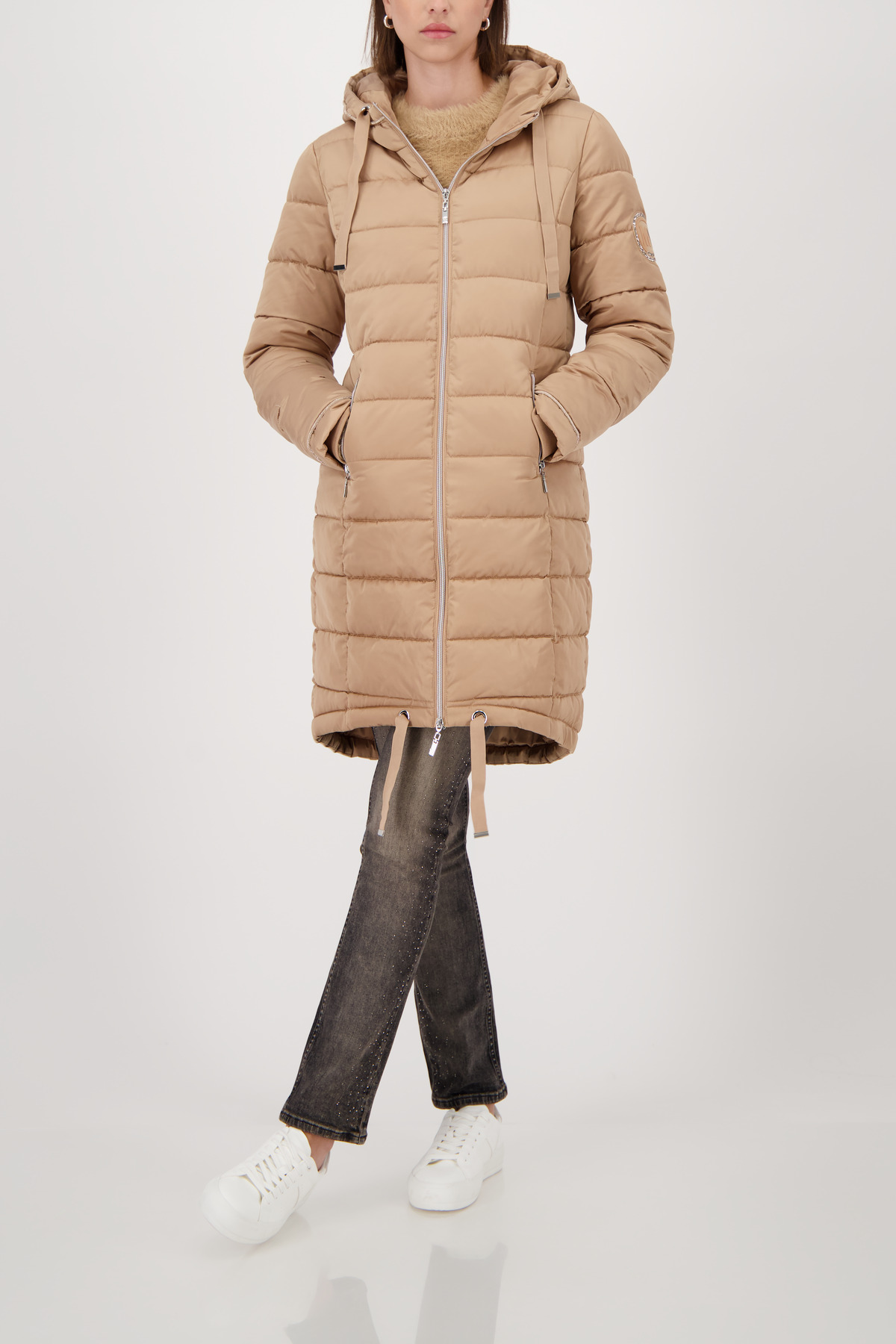MONARI Damen Steppmantel mit Kapuze und Ärmel-Patch in Cognac-Braun