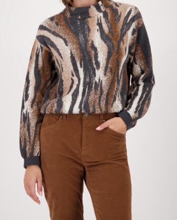 MONARI Damen Strickpullover mit Tigermuster, Strass und Stehkragen in Cognac