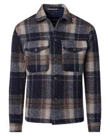 VENTI Herren Hemdjacke in Blau-Beige kariert mit Kent-Kragen