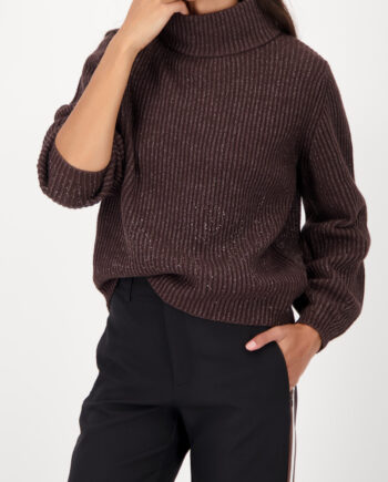 MONARI Damen Strickpullover Braun mit Strass & Stehkragen