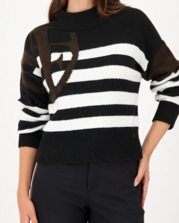 MONARI Damen Strickpullover Schwarz mit Ringel & Emblem