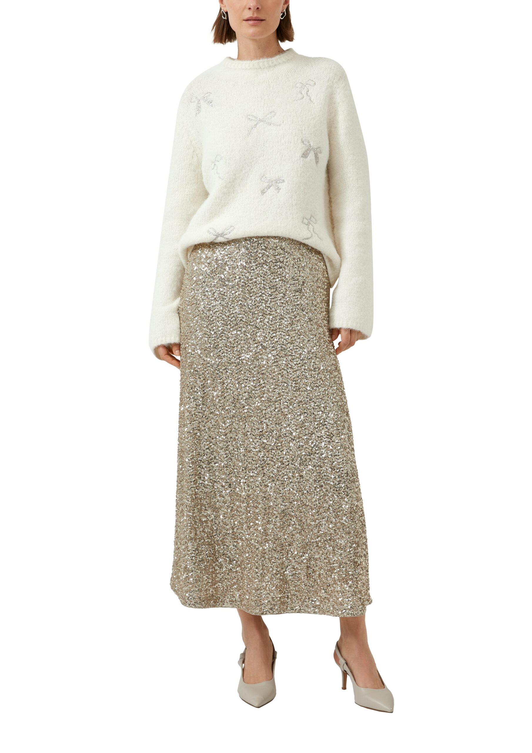 s.Oliver BLACK LABEL Damen langer Paillettenrock mit Viskosefutter – in Beige