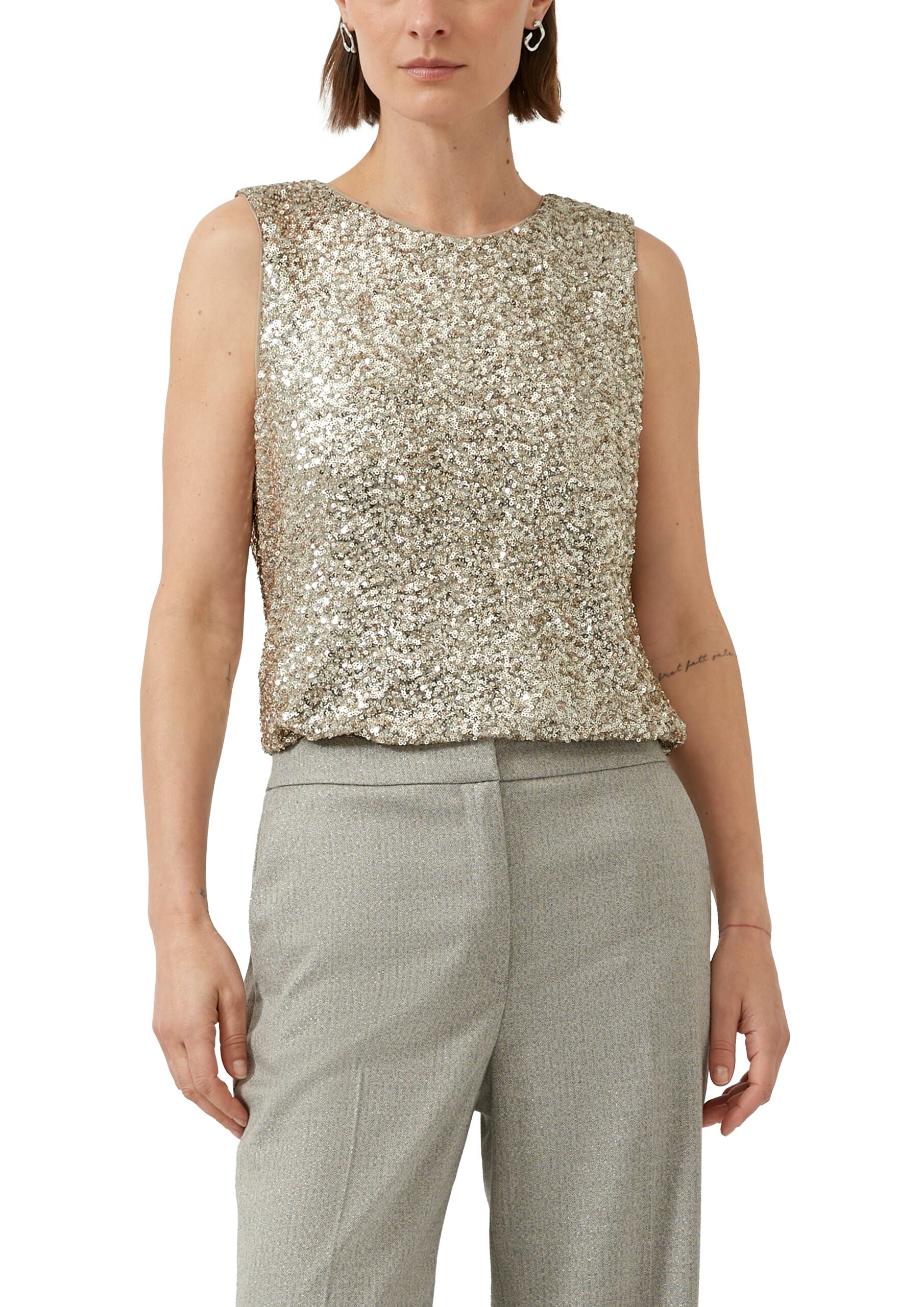 s.Oliver BLACK LABEL Damen Blusentop ärmellos mit Pailletten – in Beige