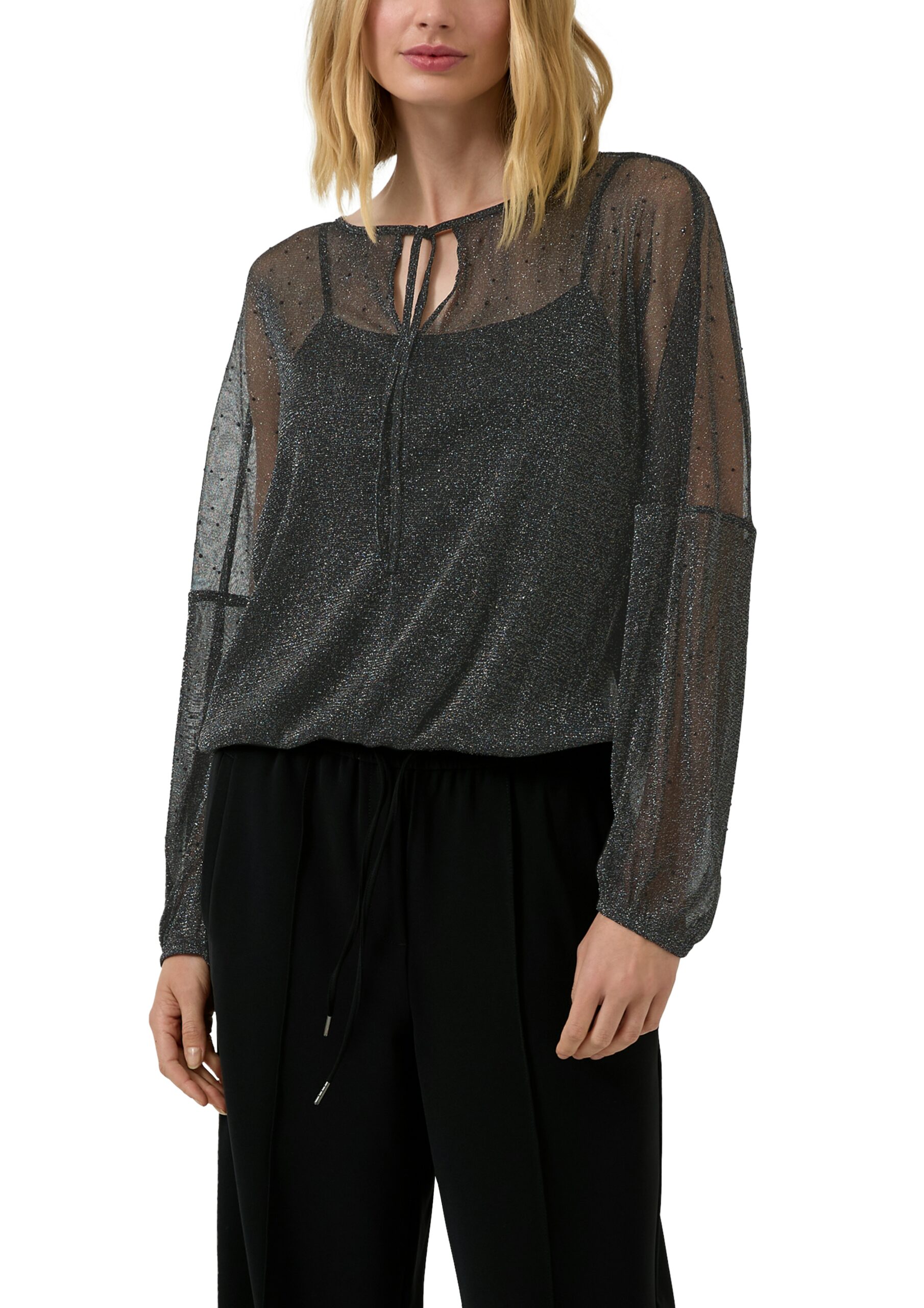 S.OLIVER Damen Bluse transparent – mit Glitzergarn und Schmucksteinen in Schwarz